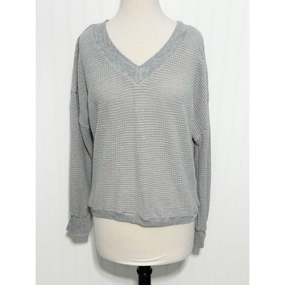 Women's Waffle Knit V-Neck Casual‎ Long Sleeve Pullover Sweater Gray Size Large - Picture 1 of 12